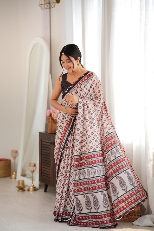 Maroon Floral Printed with Mirror Border Chinon Saree (ACA9634)