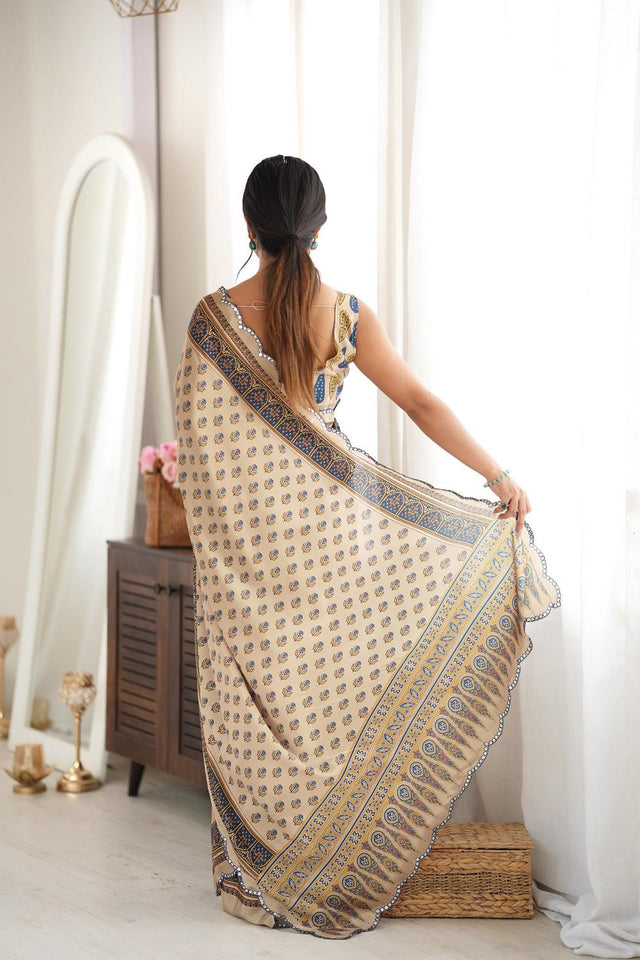 Beige Floral Printed with Mirror Border Chinon Saree (ACA9636)
