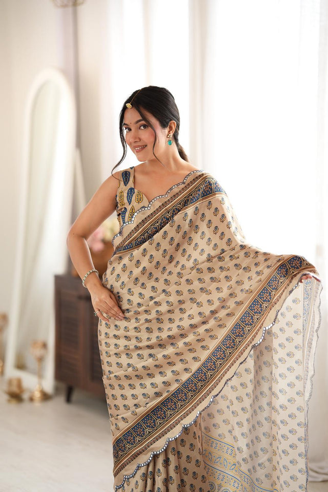 Beige Floral Printed with Mirror Border Chinon Saree (ACA9636)