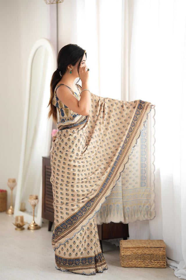 Beige Floral Printed with Mirror Border Chinon Saree (ACA9636)