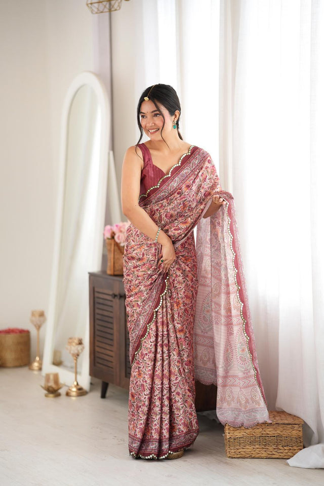 Brown Floral Printed with Mirror Border Chinon Saree (ACA9637)