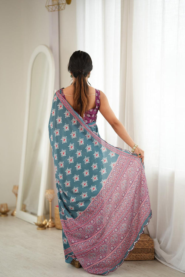Green Printed with Mirror Border Chinon Saree (ACA9639)