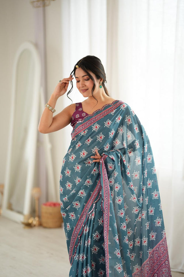 Green Printed with Mirror Border Chinon Saree (ACA9639)