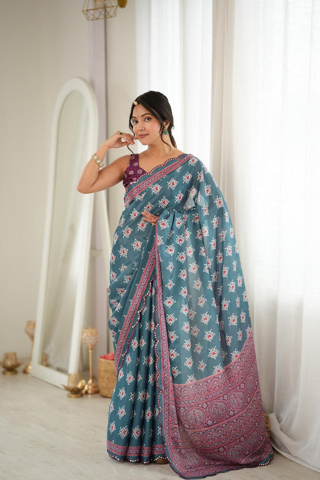 Green Printed with Mirror Border Chinon Saree (ACA9639)