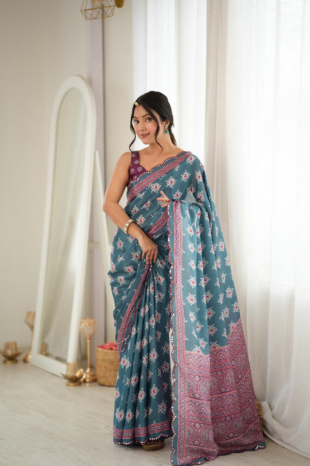 Green Printed with Mirror Border Chinon Saree (ACA9639)