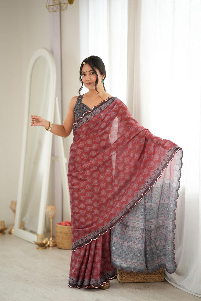 Rust Printed with Mirror Border Chinon Saree (ACA9640)
