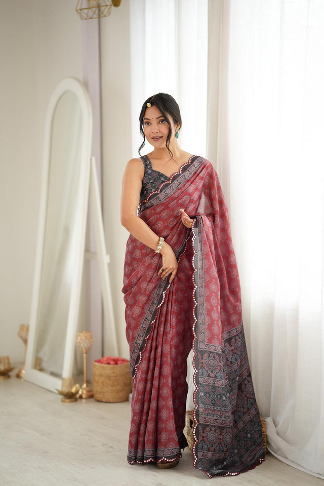 Rust Printed with Mirror Border Chinon Saree (ACA9640)