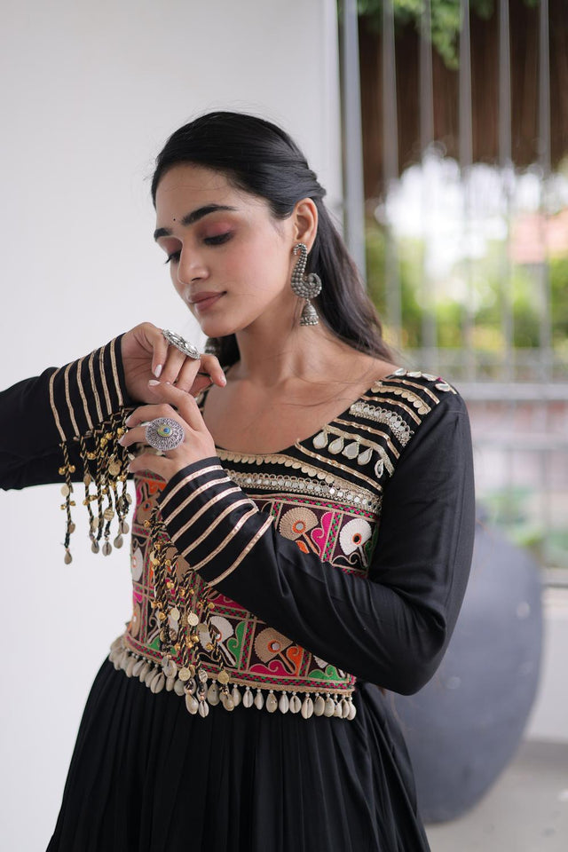 Black Embroidered with Mirror Work Rayon Free Size Stitched Gown (ACA9641)