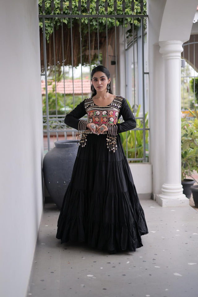 Black Embroidered with Mirror Work Rayon Free Size Stitched Gown (ACA9641)