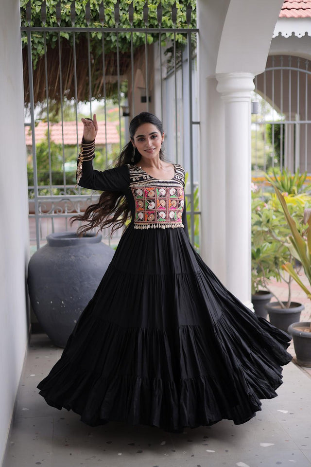 Black Embroidered with Mirror Work Rayon Free Size Stitched Gown (ACA9641)