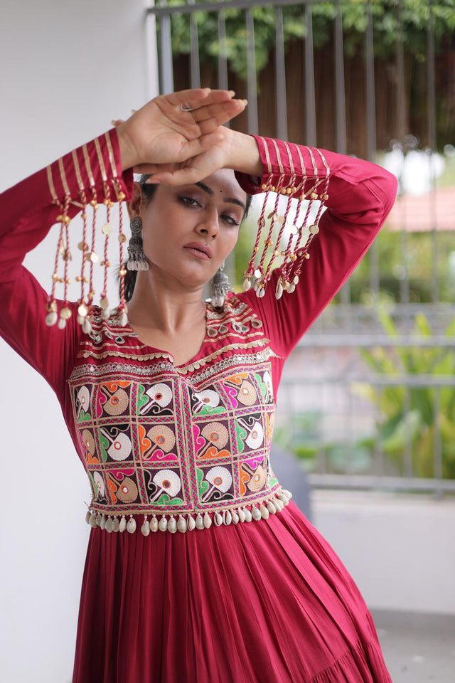 Maroon Embroidered with Mirror Work Rayon Free Size Stitched Gown (ACA9642)
