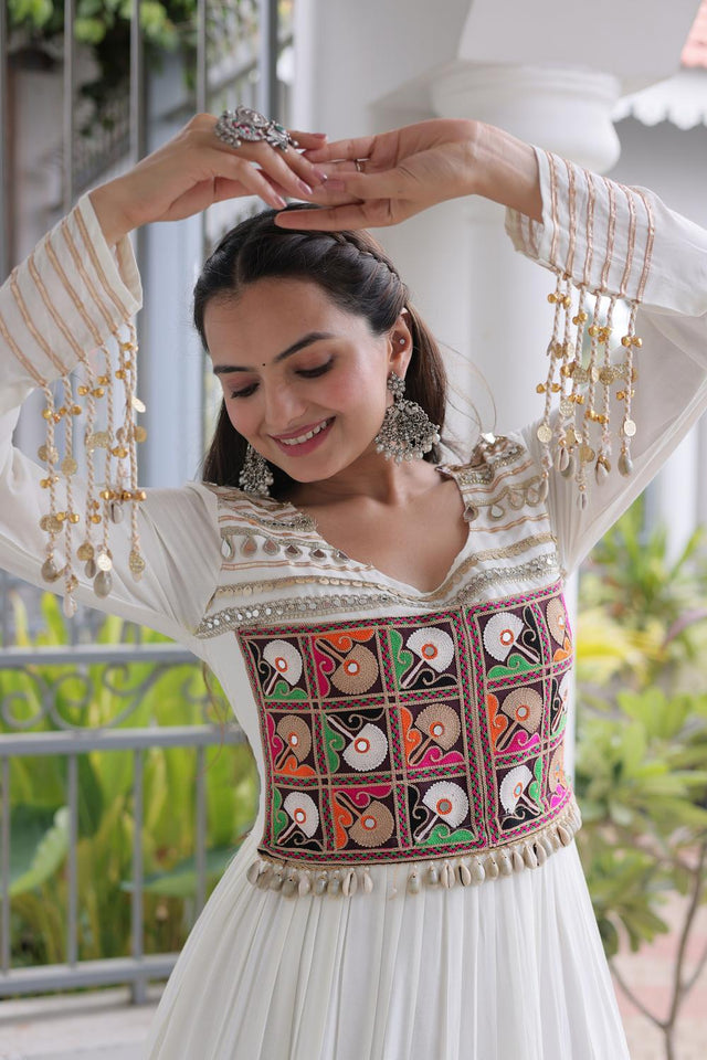 White Embroidered with Mirror Work Rayon Free Size Stitched Gown (ACA9643)