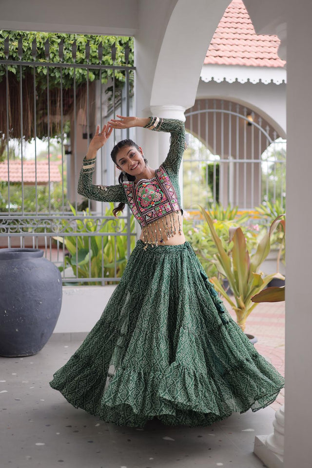Green Bandhani Printed Georgette Free Size Stitched Lehenga (ACA9649)