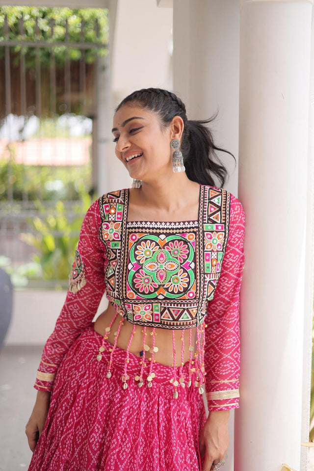 Pink Bandhani Printed Georgette Free Size Stitched Lehenga (ACA9651)