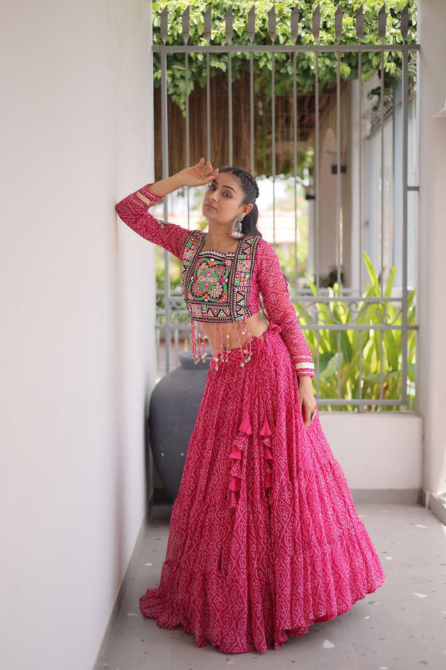 Pink Bandhani Printed Georgette Free Size Stitched Lehenga (ACA9651)