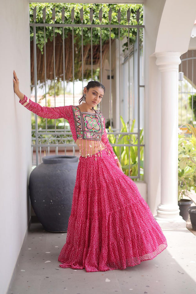 Pink Bandhani Printed Georgette Free Size Stitched Lehenga (ACA9651)
