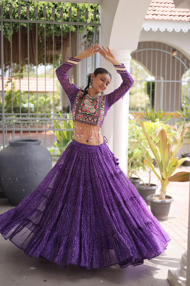 Purple Bandhani Printed Georgette Free Size Stitched Lehenga (ACA9652)