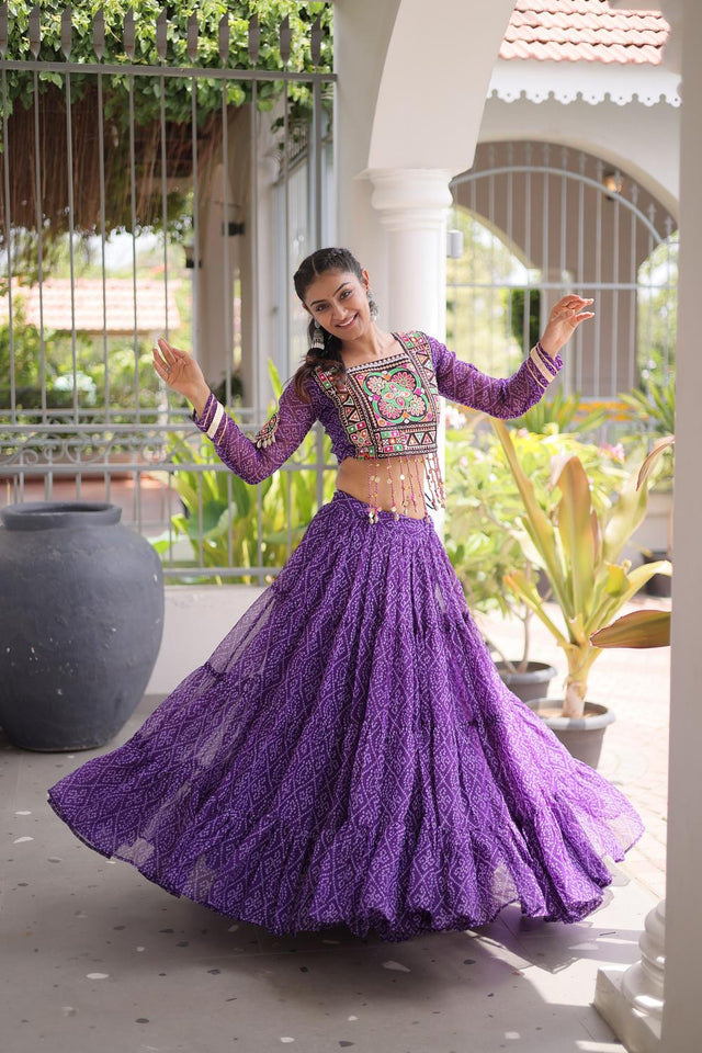 Purple Bandhani Printed Georgette Free Size Stitched Lehenga (ACA9652)