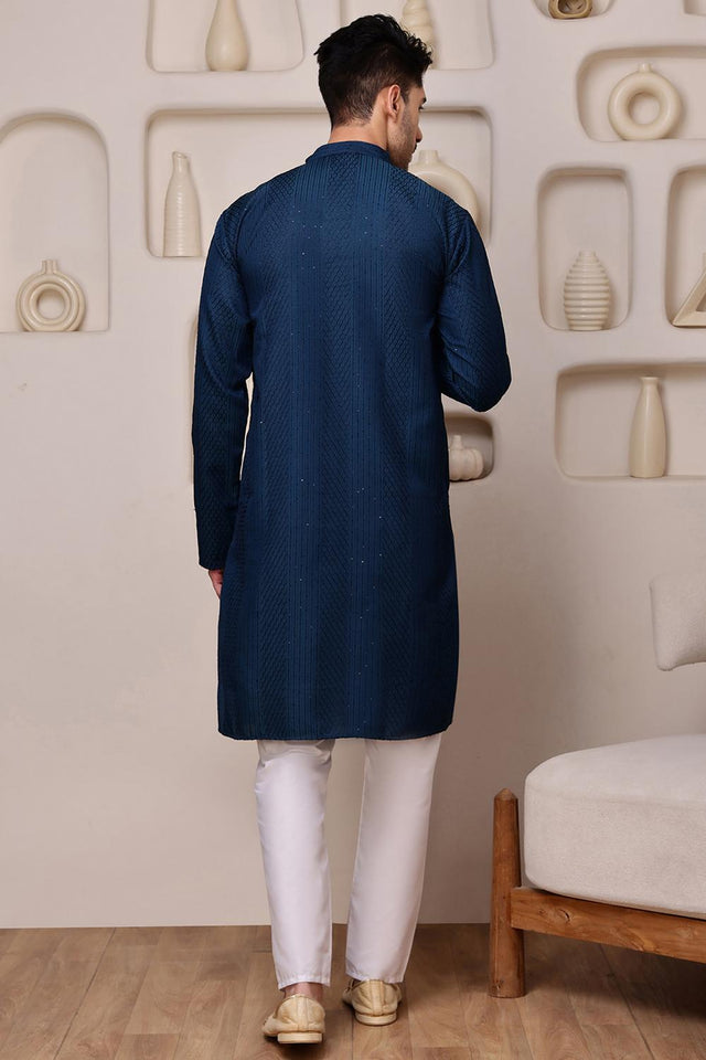 Mens Blue Sequin with Embroidered Cotton Blend Kurta Set (ACA9654)
