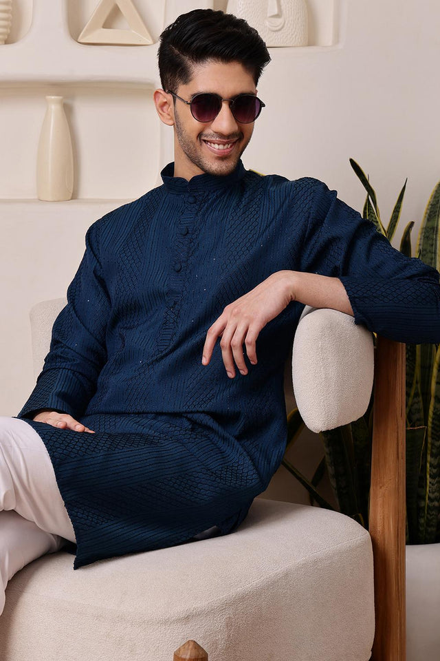Mens Blue Sequin with Embroidered Cotton Blend Kurta Set (ACA9654)