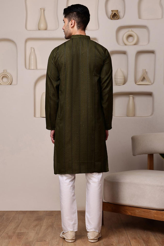 Mens Mehendi Sequin with Embroidered Cotton Blend Kurta Set (ACA9655)