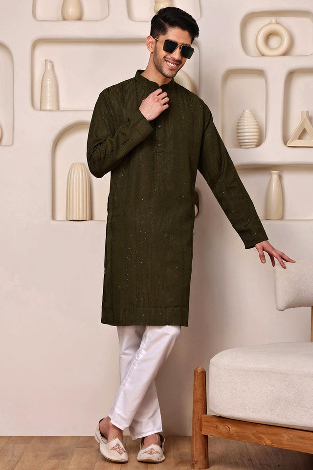 Mens Mehendi Sequin with Embroidered Cotton Blend Kurta Set (ACA9655)