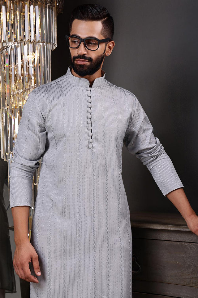 Mens Grey Sequin with Embroidered Cotton Blend Kurta Set (ACA9656)