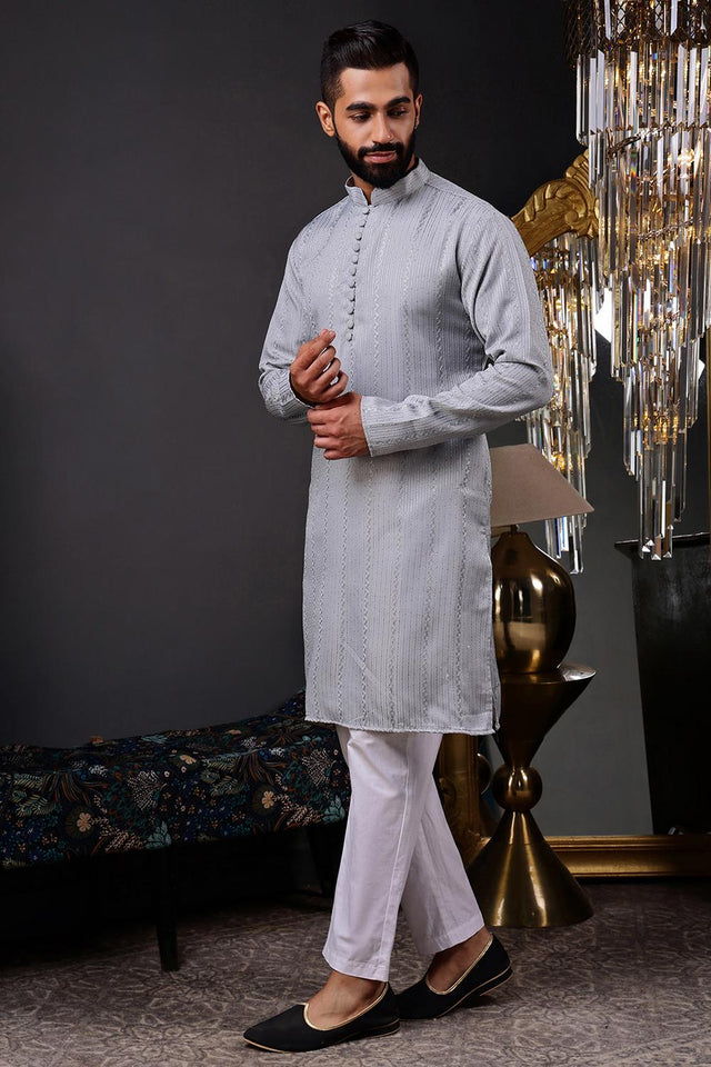 Mens Grey Sequin with Embroidered Cotton Blend Kurta Set (ACA9656)