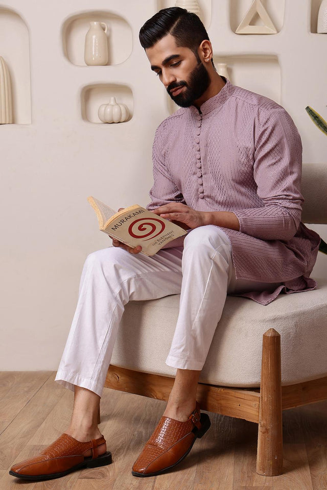 Mens Pink Sequin with Embroidered Cotton Blend Kurta Set (ACA9657)