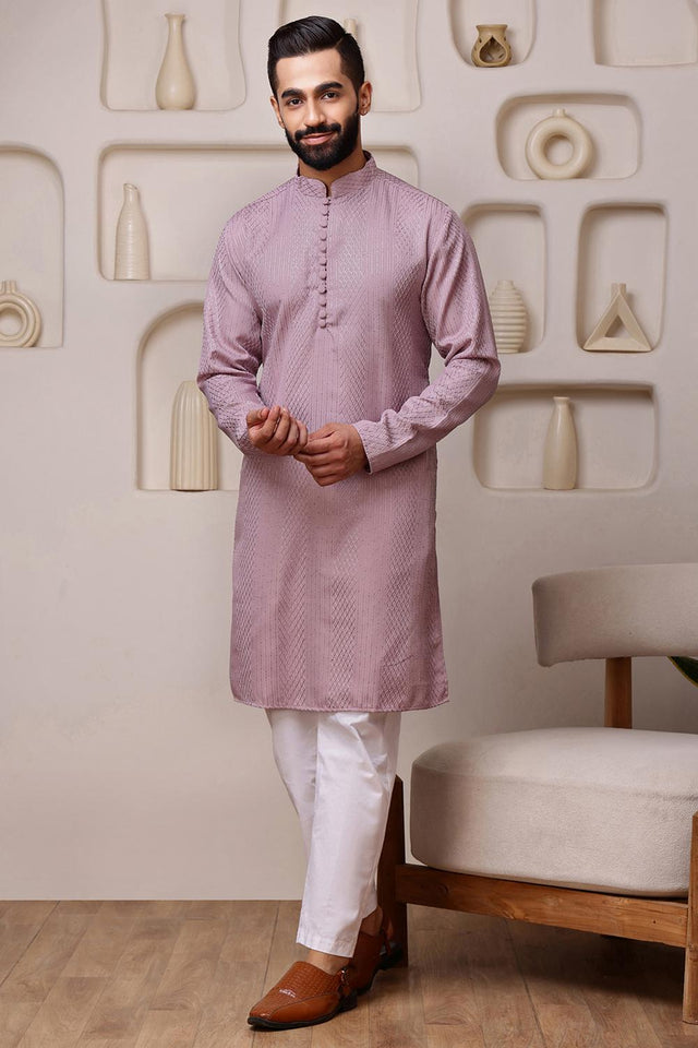Mens Pink Sequin with Embroidered Cotton Blend Kurta Set (ACA9657)