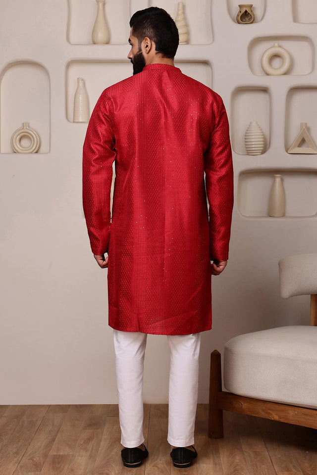 Mens Red Sequin with Embroidered Cotton Blend Kurta Set (ACA9660)