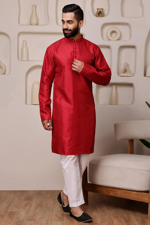 Mens Red Sequin with Embroidered Cotton Blend Kurta Set (ACA9660)
