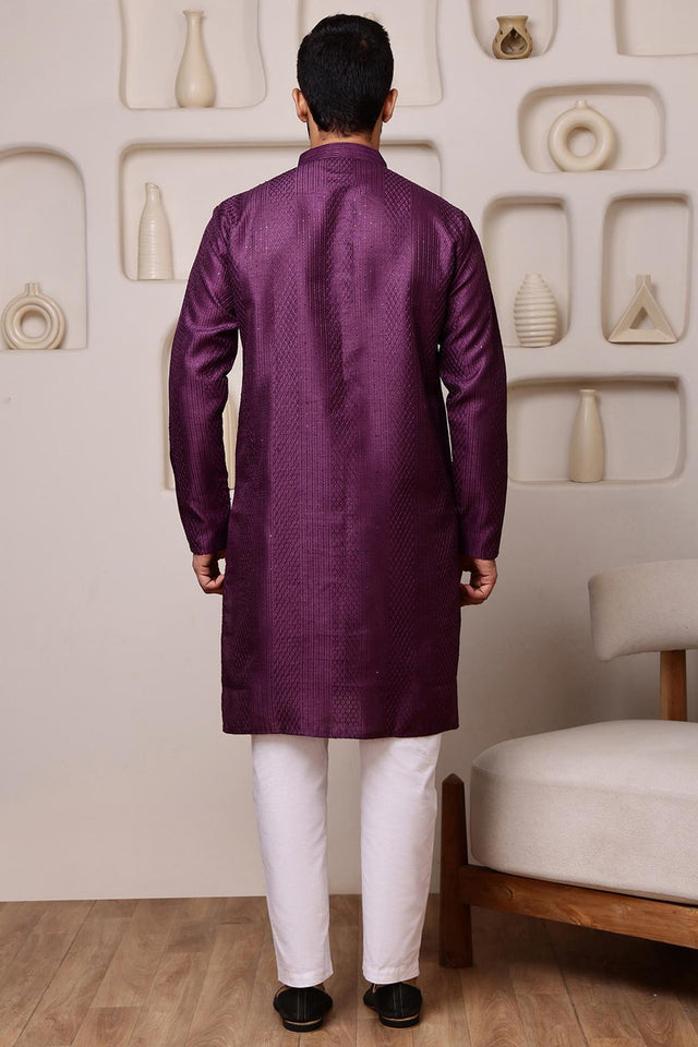 Mens Wine Sequin with Embroidered Cotton Blend Kurta Set (ACA9661)