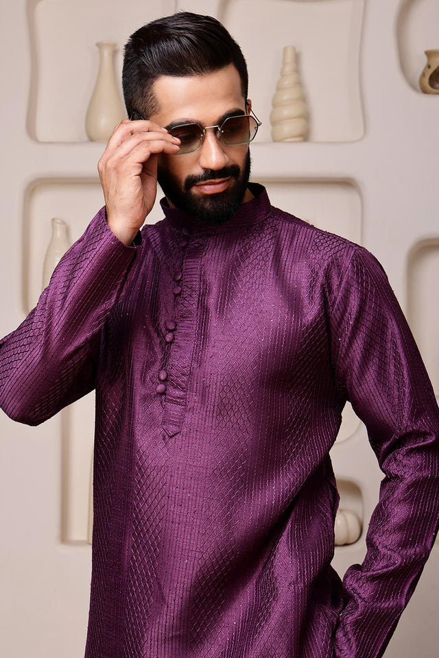 Mens Wine Sequin with Embroidered Cotton Blend Kurta Set (ACA9661)