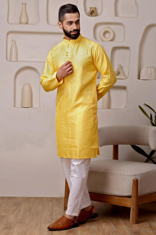 Mens Yellow Sequin with Embroidered Cotton Blend Kurta Set (ACA9662)