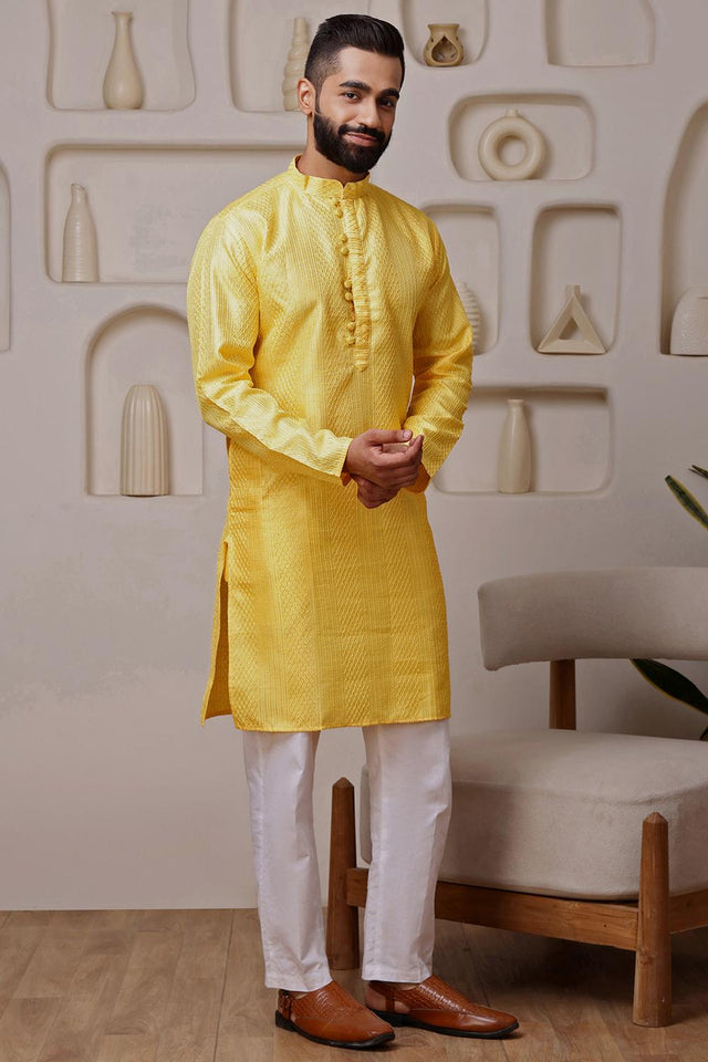 Mens Yellow Sequin with Embroidered Cotton Blend Kurta Set (ACA9662)