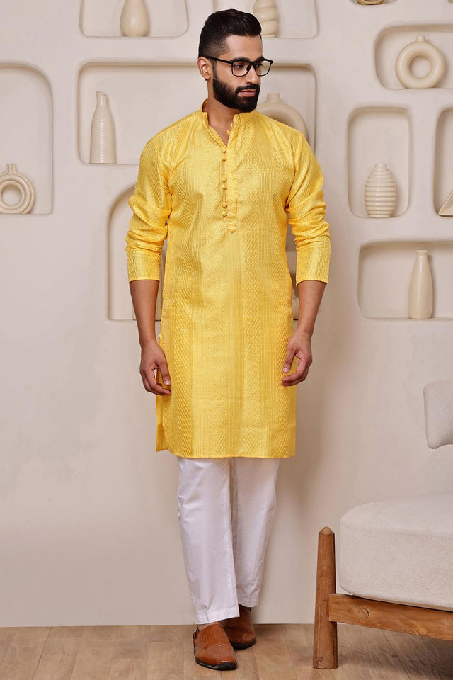 Mens Yellow Sequin with Embroidered Cotton Blend Kurta Set (ACA9662)