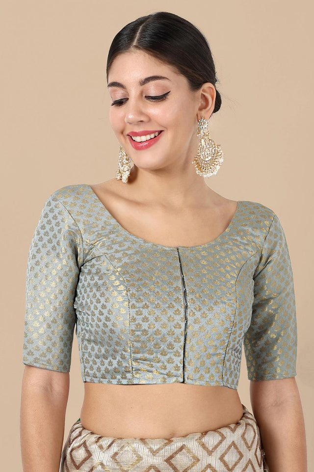 Grey Jacquard Woven Banarasi Silk Blouse (ACA9663)