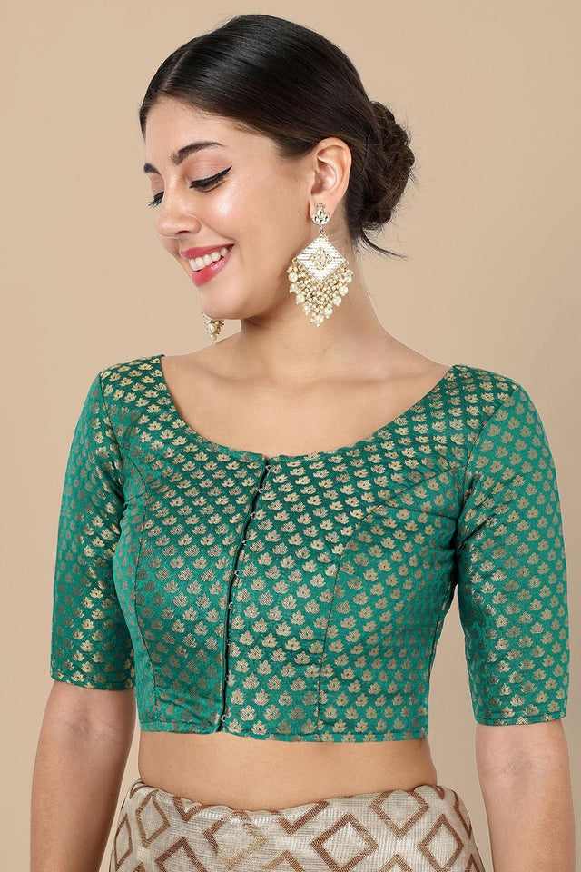 Turquoise Jacquard Woven Banarasi Silk Blouse (ACA9670)