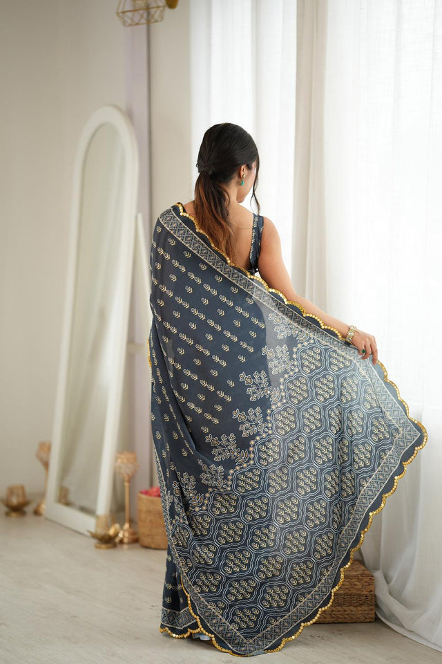 Grey Floral Printed with Mirror Border Chinon Saree (ACA9673)