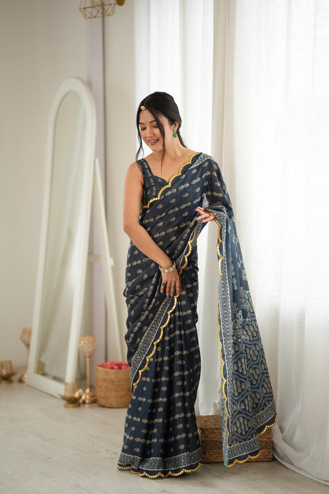 Grey Floral Printed with Mirror Border Chinon Saree (ACA9673)