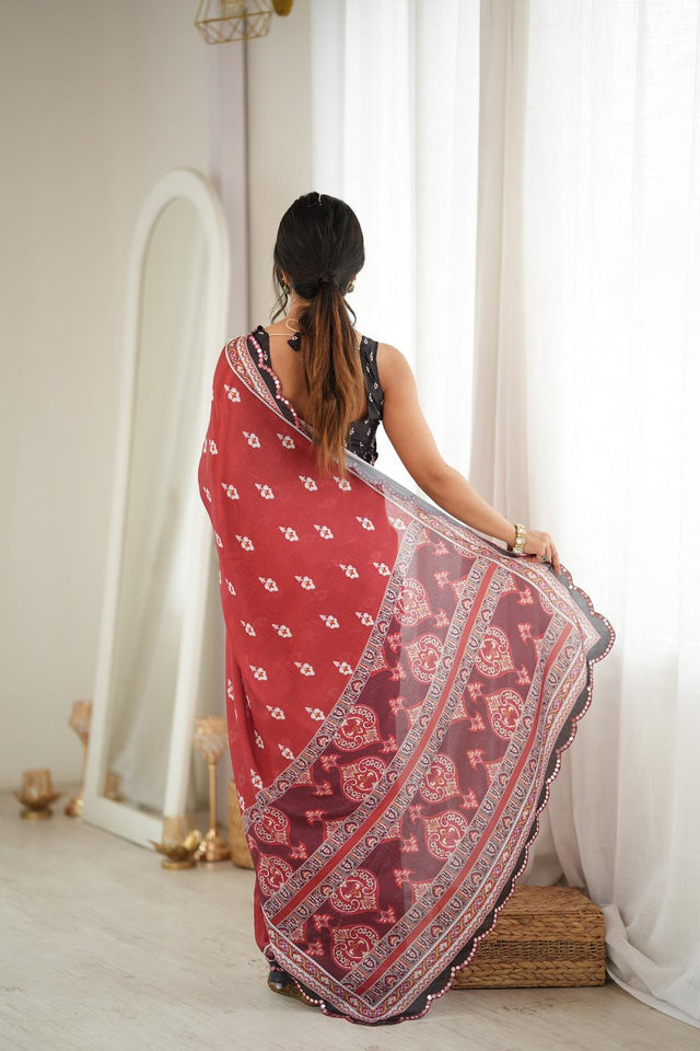 Rust Floral Printed with Mirror Border Chinon Saree (ACA9674)
