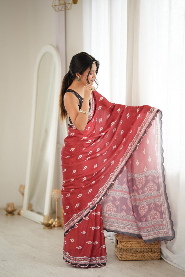 Rust Floral Printed with Mirror Border Chinon Saree (ACA9674)
