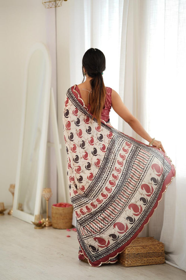 Multi Color Printed with Mirror Border Chinon Saree (ACA9676)