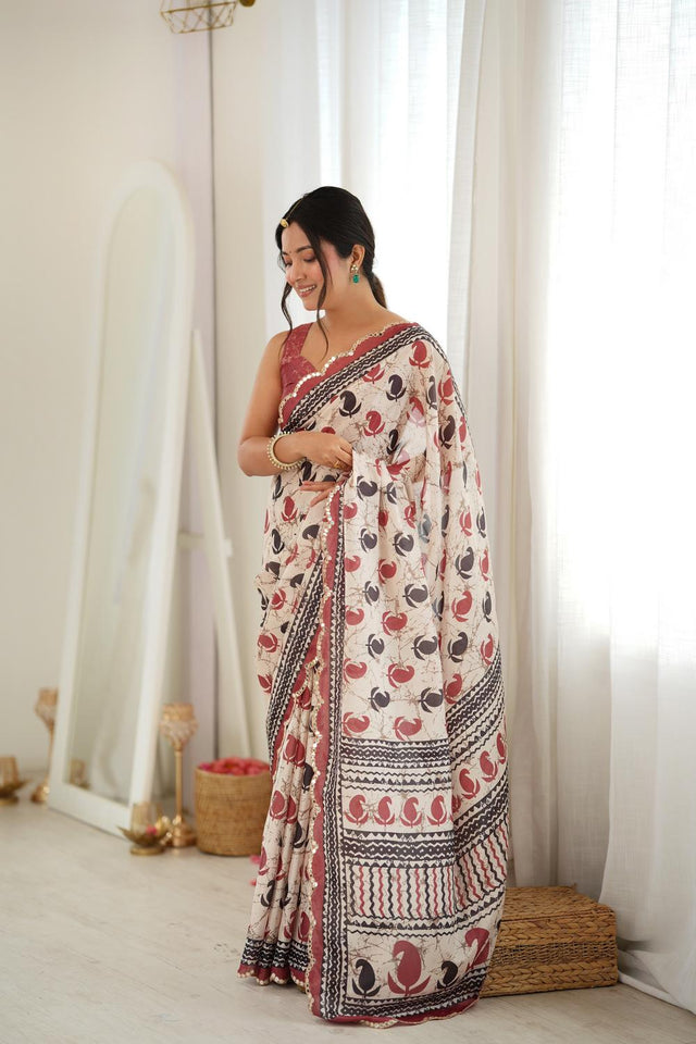 Multi Color Printed with Mirror Border Chinon Saree (ACA9676)