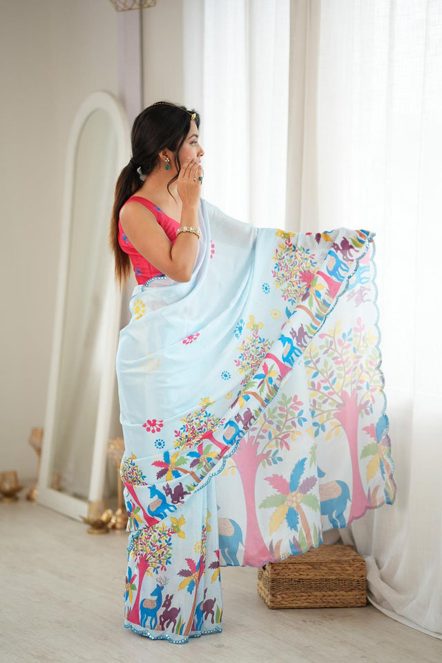 Blue Printed with Mirror Border Chinon Saree (ACA9677)