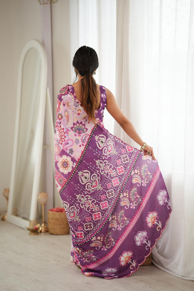 Purple Printed with Mirror Border Chinon Saree (ACA9678)