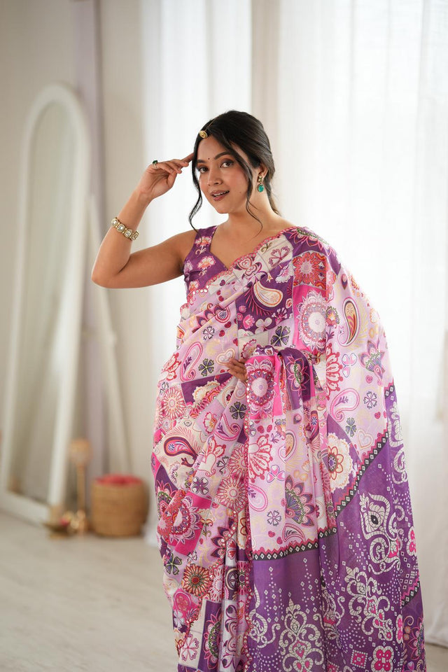 Purple Printed with Mirror Border Chinon Saree (ACA9678)