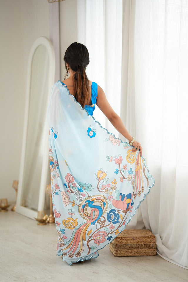Blue Floral Printed with Mirror Border Chinon Saree (ACA9679)