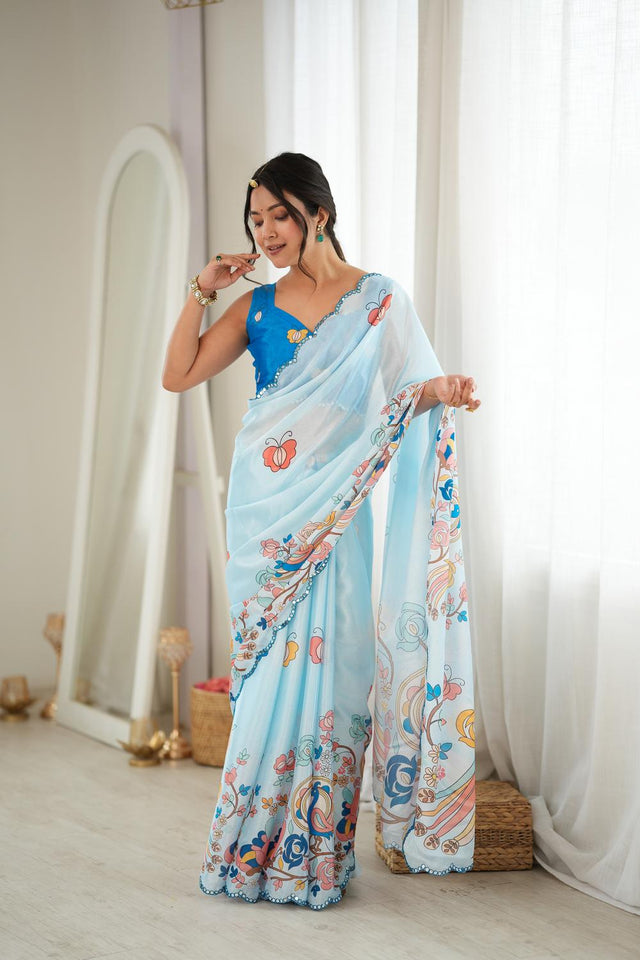 Blue Floral Printed with Mirror Border Chinon Saree (ACA9679)